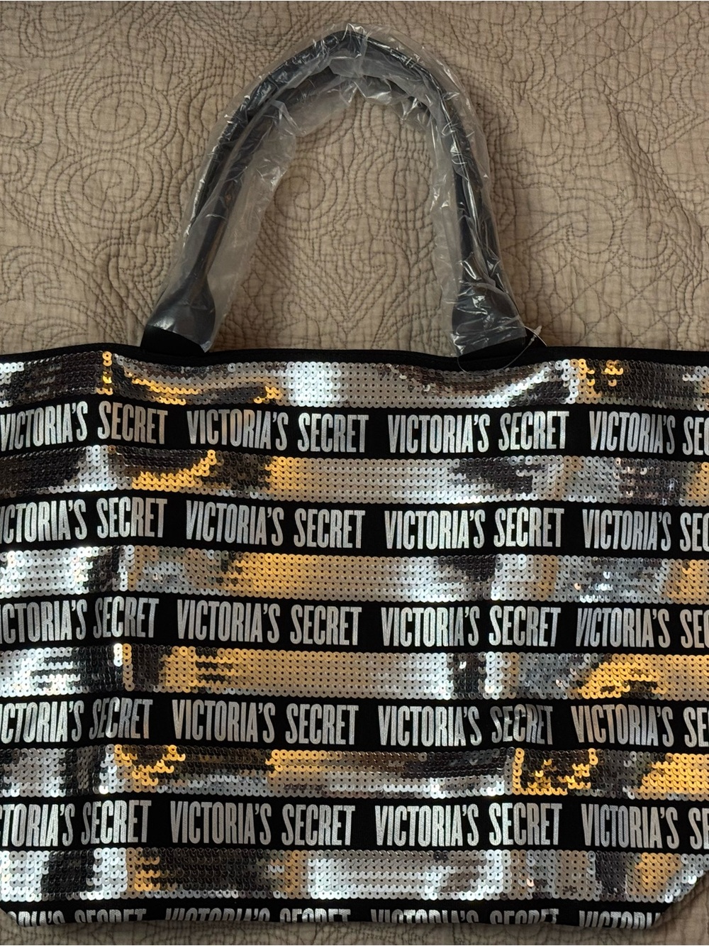 Victoria's Secret Black and Silver Sequin Logo Tote